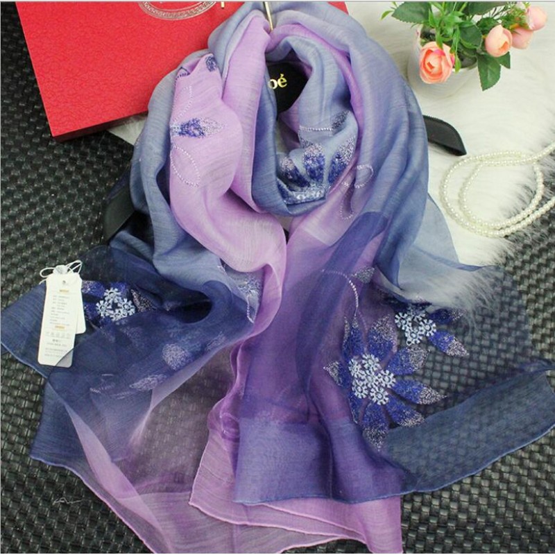 Wool Silk Scaves Purple Embroidery Women Summer Scarf